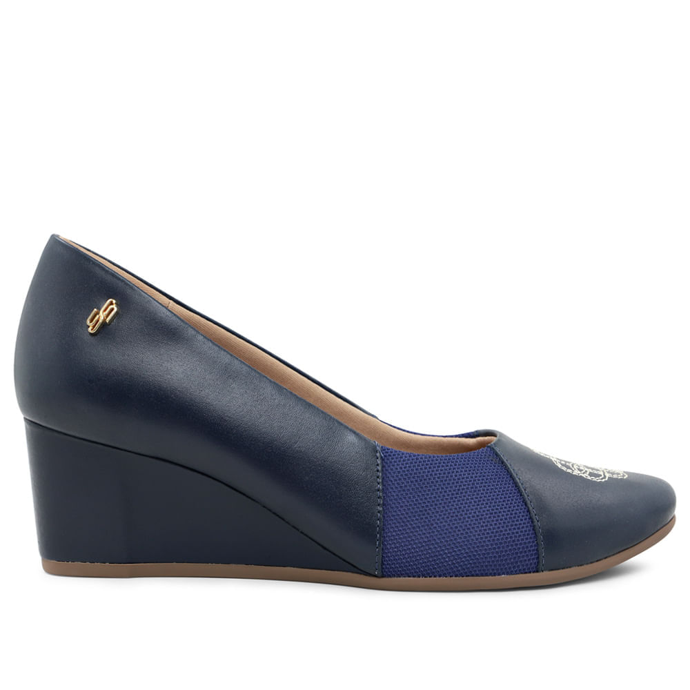 Scarpin New Blue Salto Anabela Couro Bordado Azul