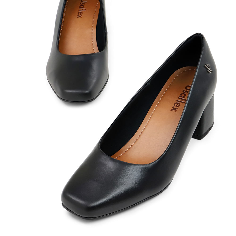 Scarpin Preto Salto Bloco De Couro Preto