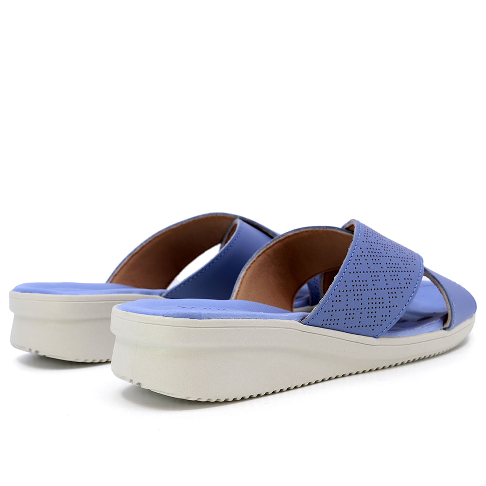 Chinelo Slide Azul Retrô Salto Anabela Couro Detalhes Laser Azul
