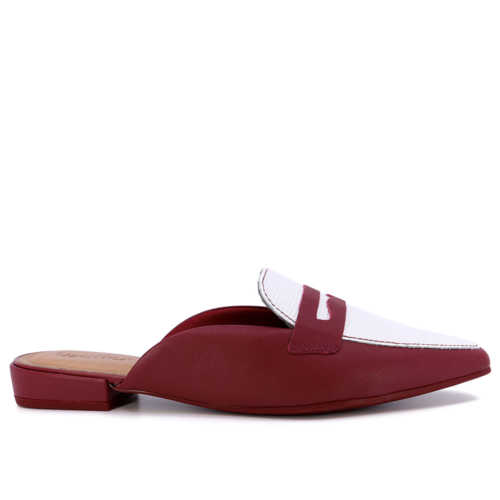 Mule Vermelho Branco Bico Fino Couro