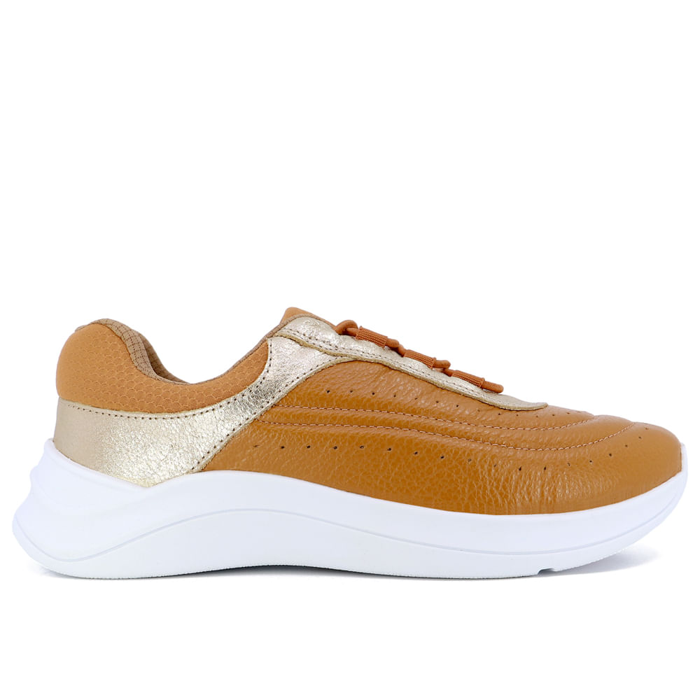 Tênis Casual Marrom Couro Detalhe Dourado
