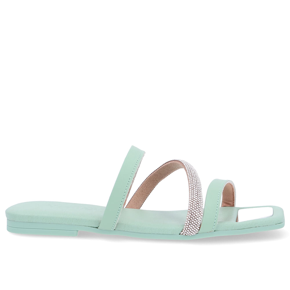 Rasteira Bico Quadrado Couro Verde Strass