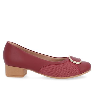 Scarpin Couro Vermelho Salto Bloco Tecido