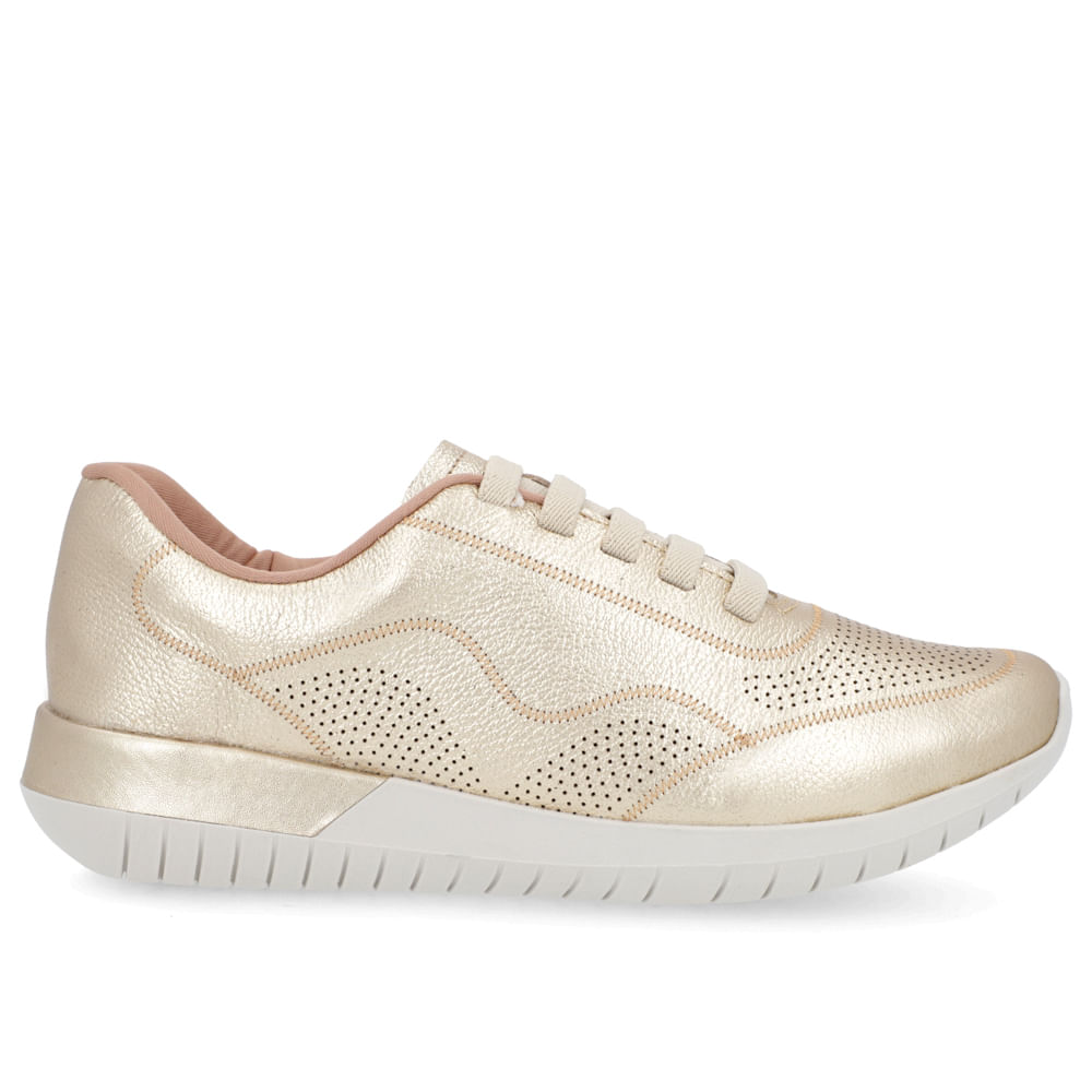 Tênis Casual Dourado Couro Cadarço Elástico