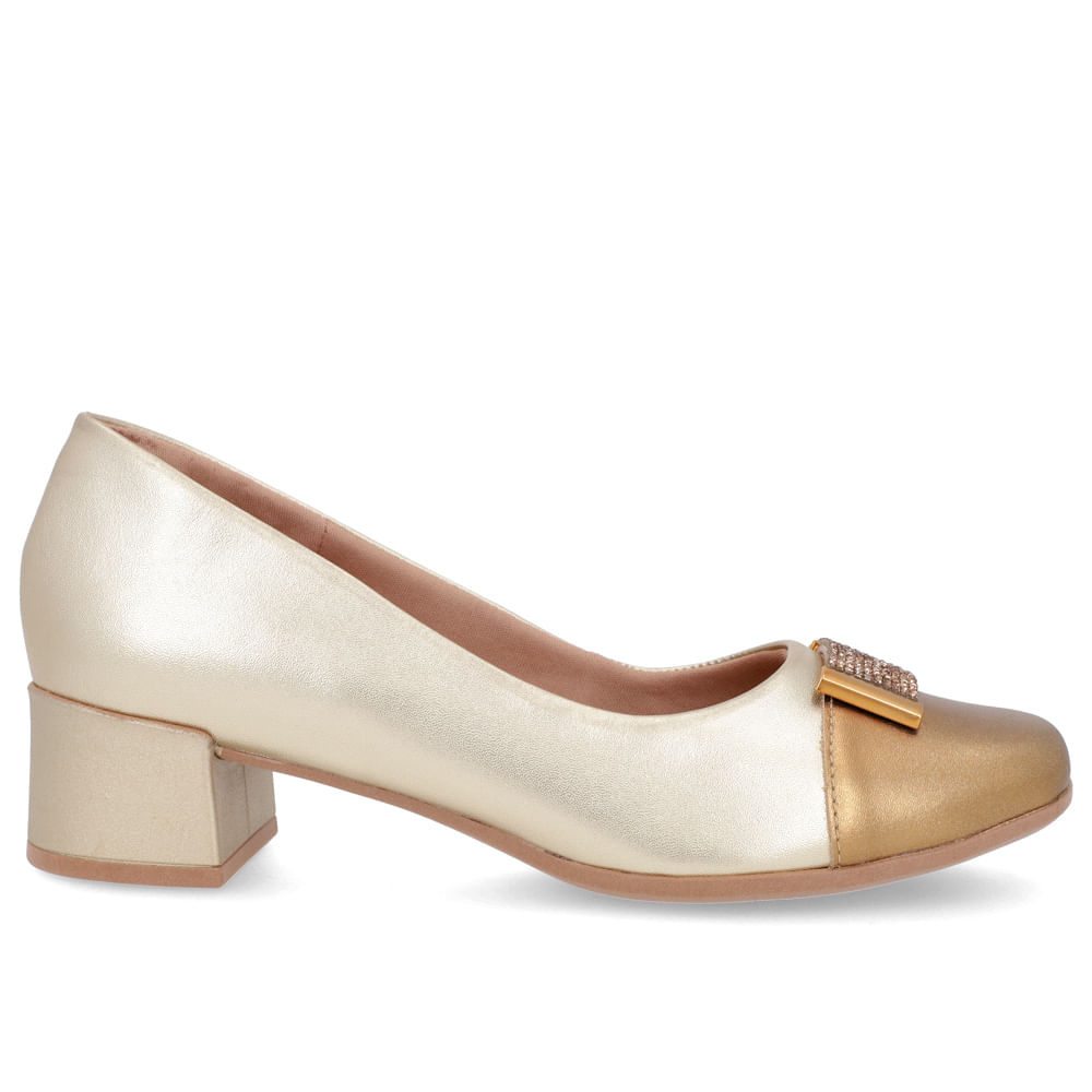 Scarpin Dourado Couro Bico Quadrado Enfeite