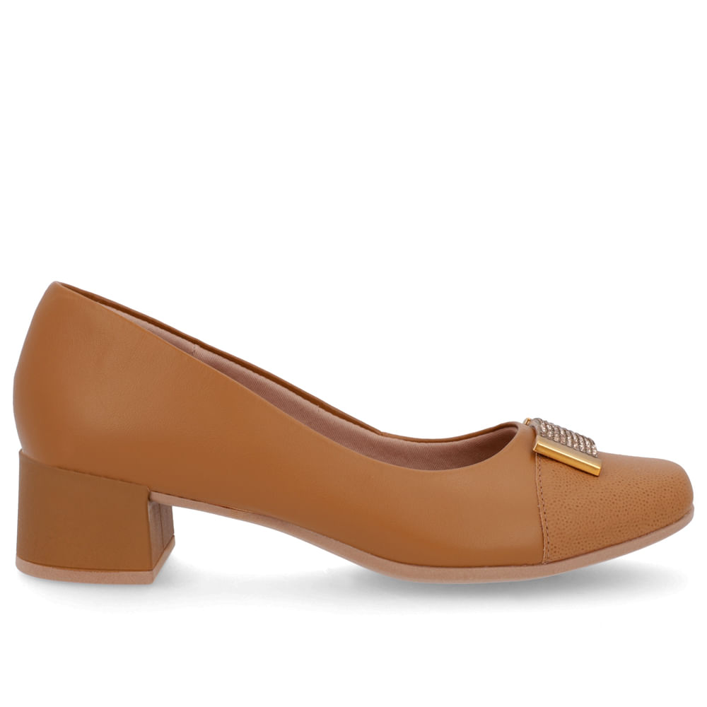 Scarpin Marrom Couro Bico Quadrado Enfeite