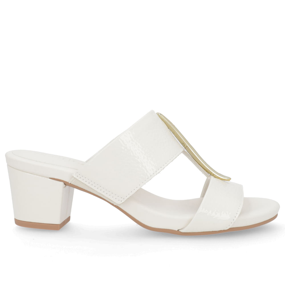 Tamanco Salto Bloco Couro Off-White Enfeite