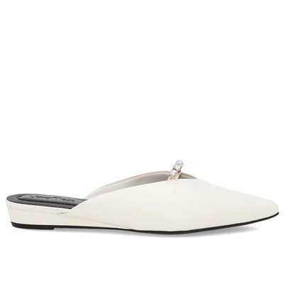 Mule Off-White Bico Fino Couro Salto Anabela