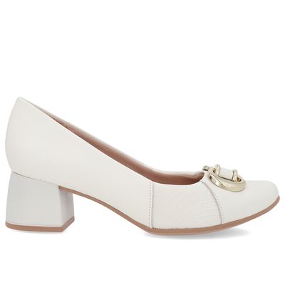 Scarpin Couro Off-White Salto Bloco Médio