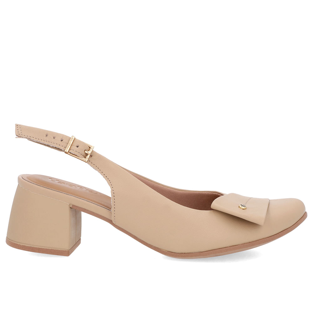 Slingback Bege Salto Bloco Couro Enfeite