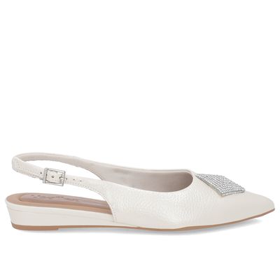Slingback Off-White Salto Anabela Couro Enfeite Brilho
