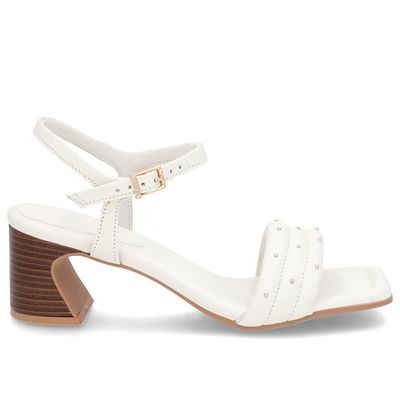 Sandália Salto Amadeirado Couro Off-White Rebite