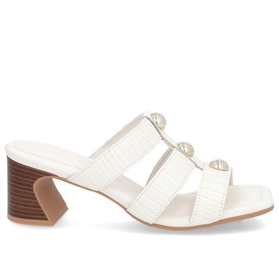 Tamanco Salto Amadeirado Couro Branco Marfim Enfeite