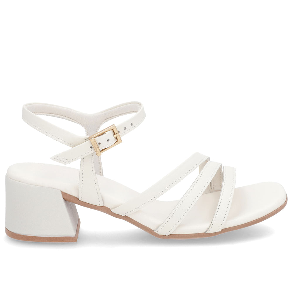 Sandália Salto Bloco Couro Off-White Tiras