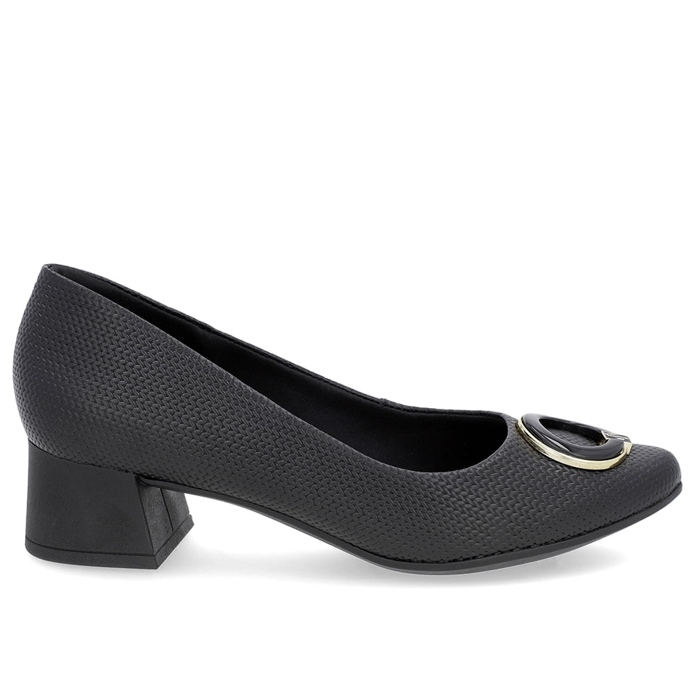 Scarpin Preto Salto Bloco Baixo Couro Enfeite