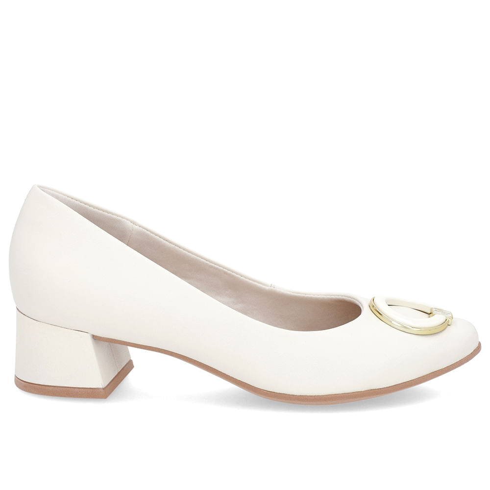 Scarpin Off-White Salto Bloco Baixo Couro Enfeite