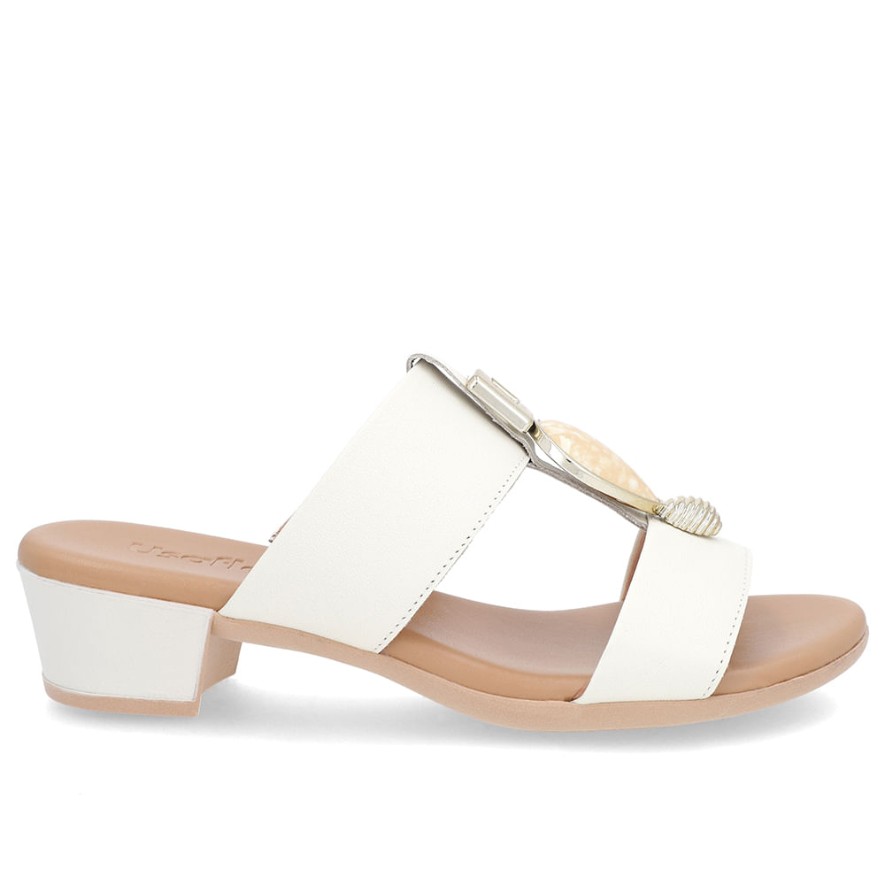 Tamanco Salto Bloco Off-White Couro Enfeite