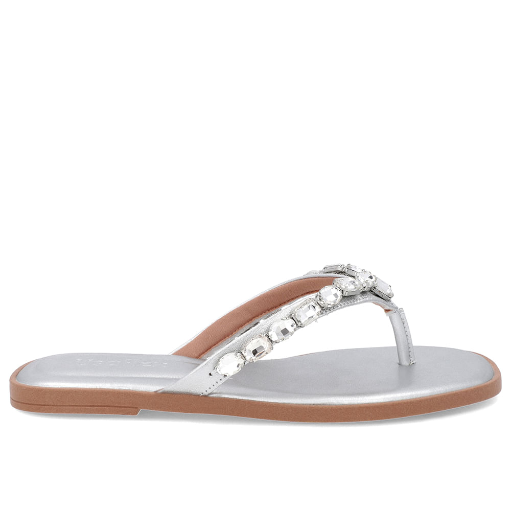 Chinelo Salto Rasteiro Couro Prata Enfeite