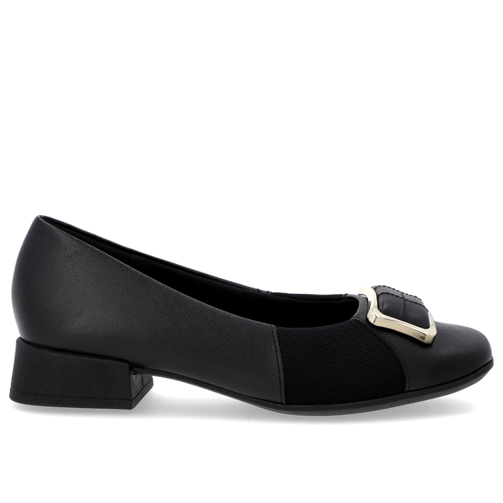 Scarpin Bico Quadrado Couro Preto Detalhe Tecido