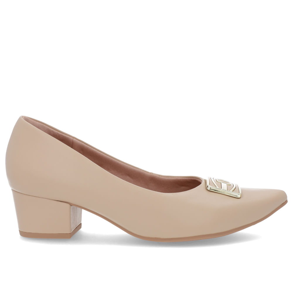 Scarpin Bico Fino Couro Bege Salto Bloco Enfeite