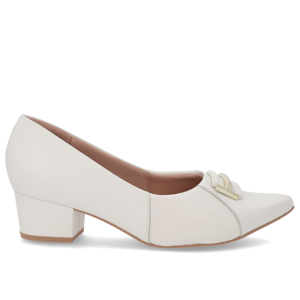 Scarpin Bico Fino Couro Branco Marfim Detalhe Tecido