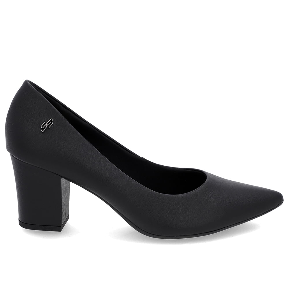 Scarpin Salto Bloco Couro Preto Bico Fino
