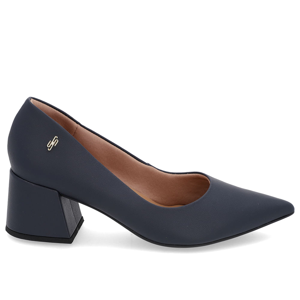 Scarpin Salto Bloco Couro Azul Bico Fino