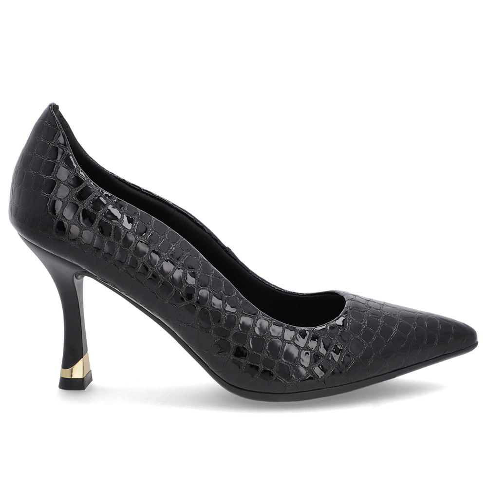 Scarpin Preto Couro Croco Bico Fino Detalhe Recorte