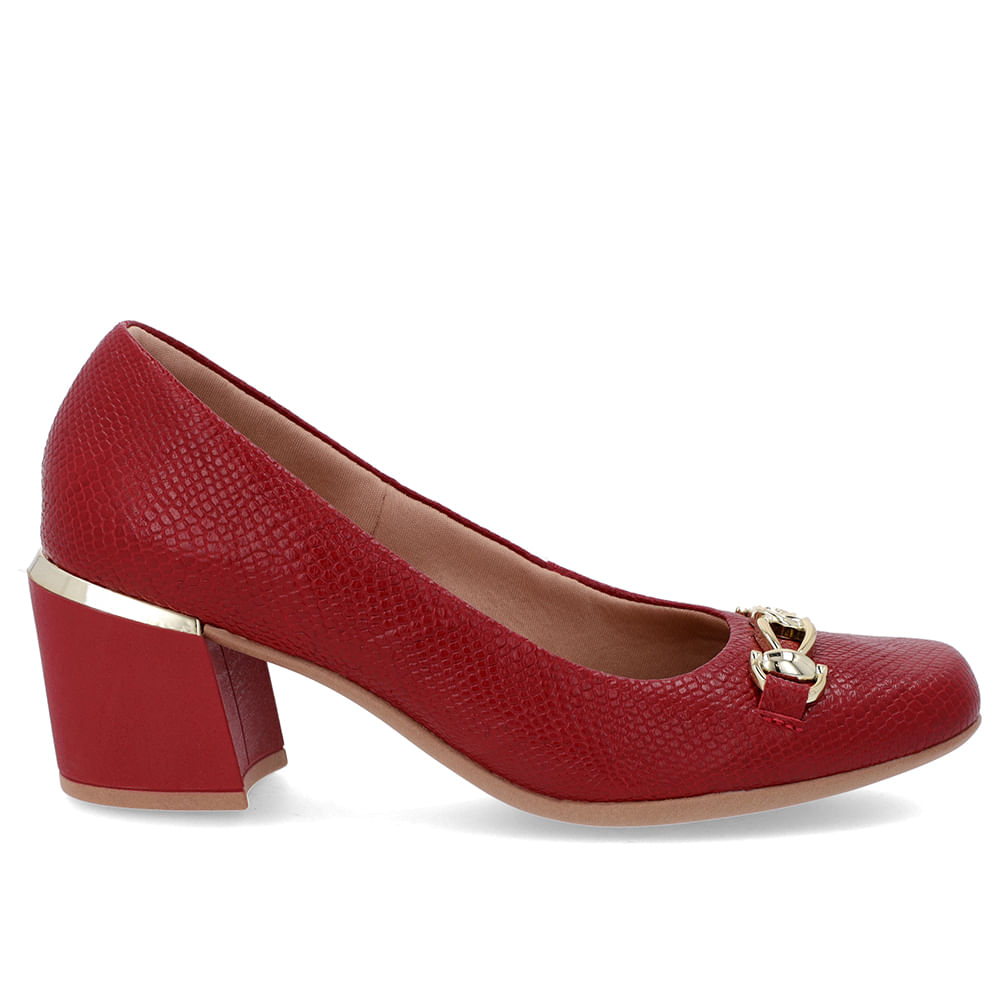 Scarpin Vermelho Couro Bico Quadrado Detalhe Salto