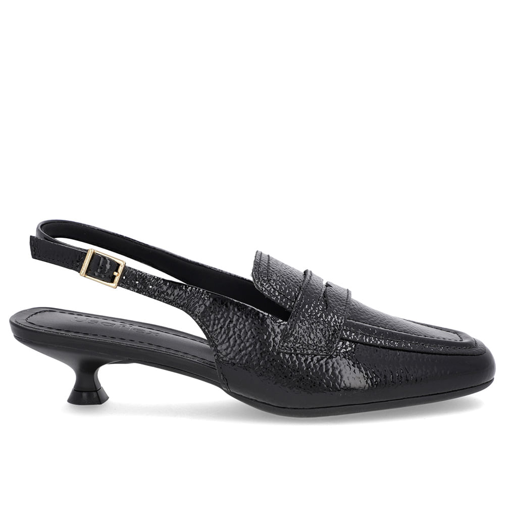 Slingback Preto Tira Calcanhar Verniz Textura