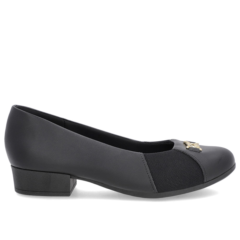 Scarpin Preto Couro Bico Redondo Tecido Lateral