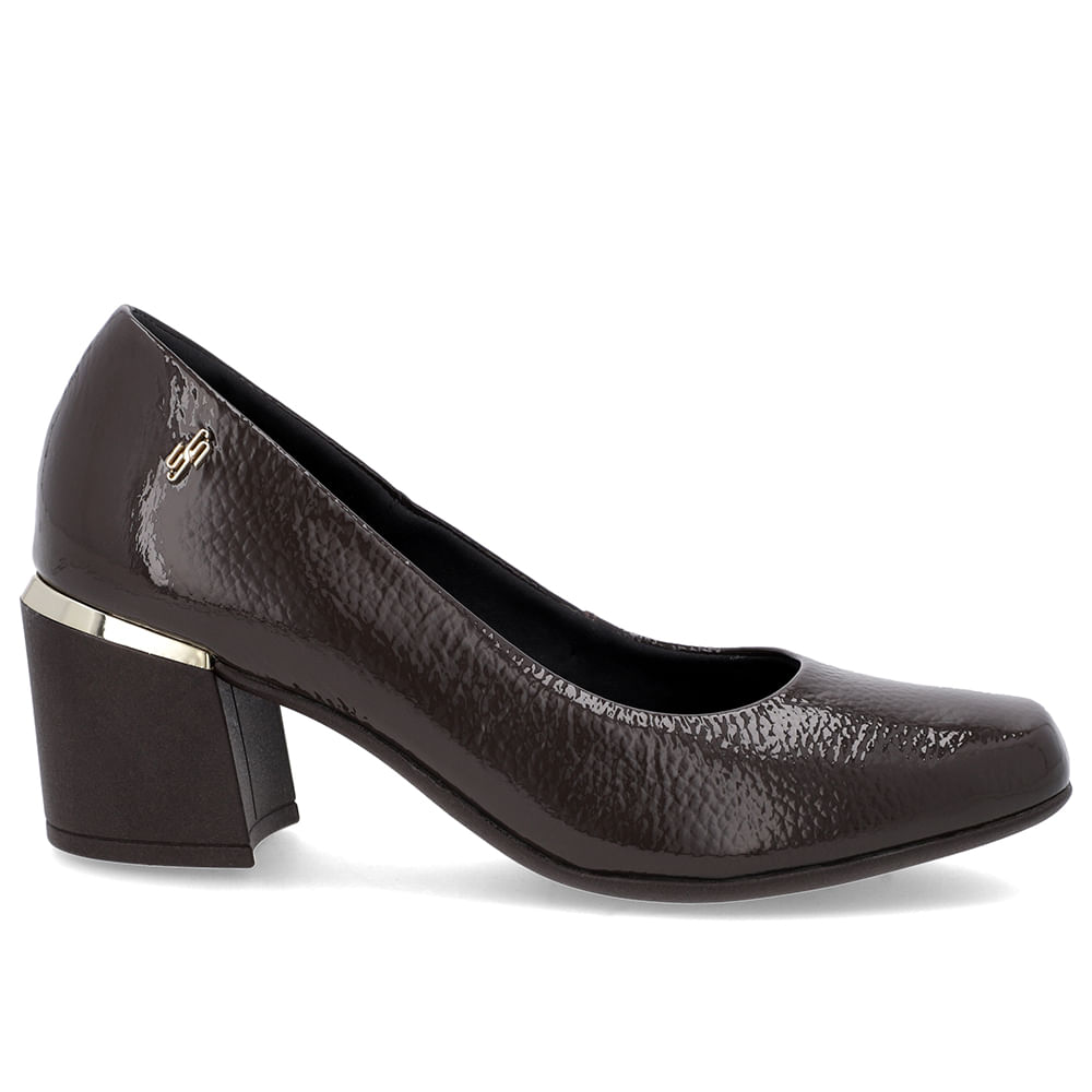 Scarpin Marrom Couro Bico Quadrado Detalhe Salto