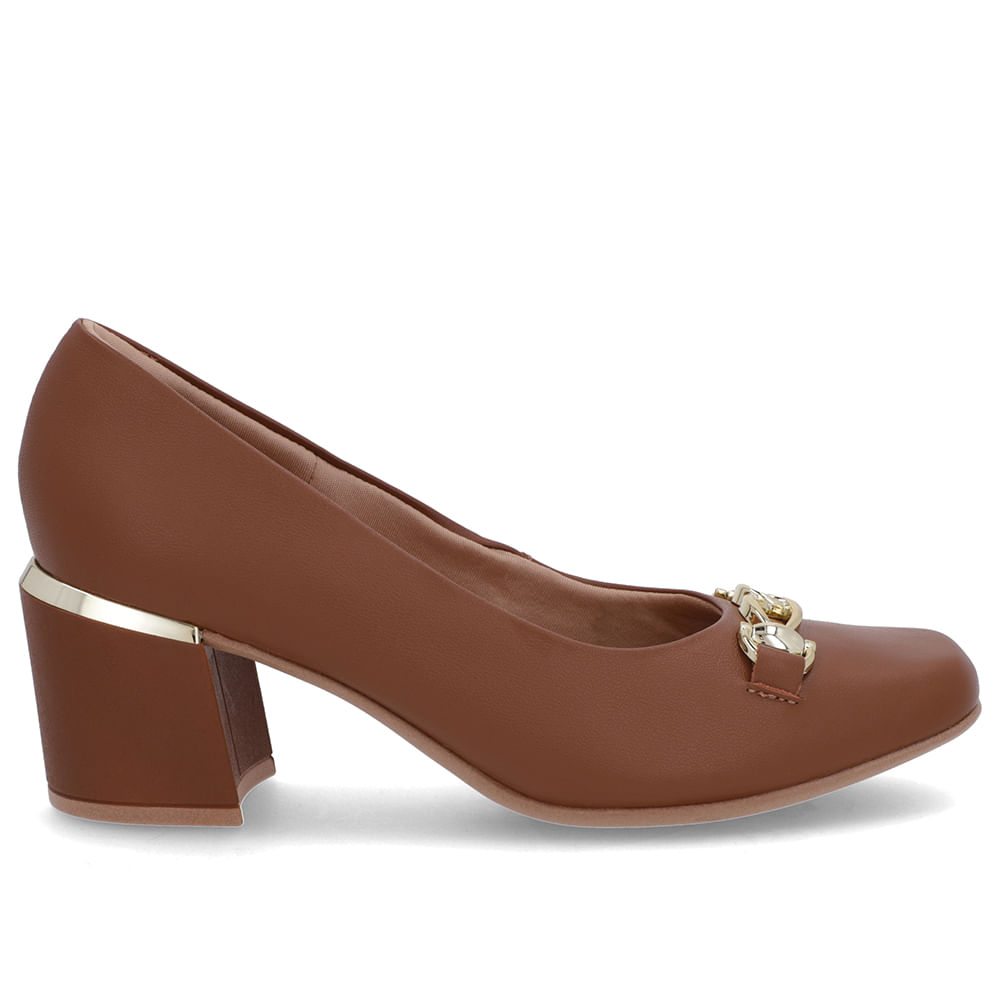 Scarpin Marrom Couro Bico Quadrado Detalhe Salto