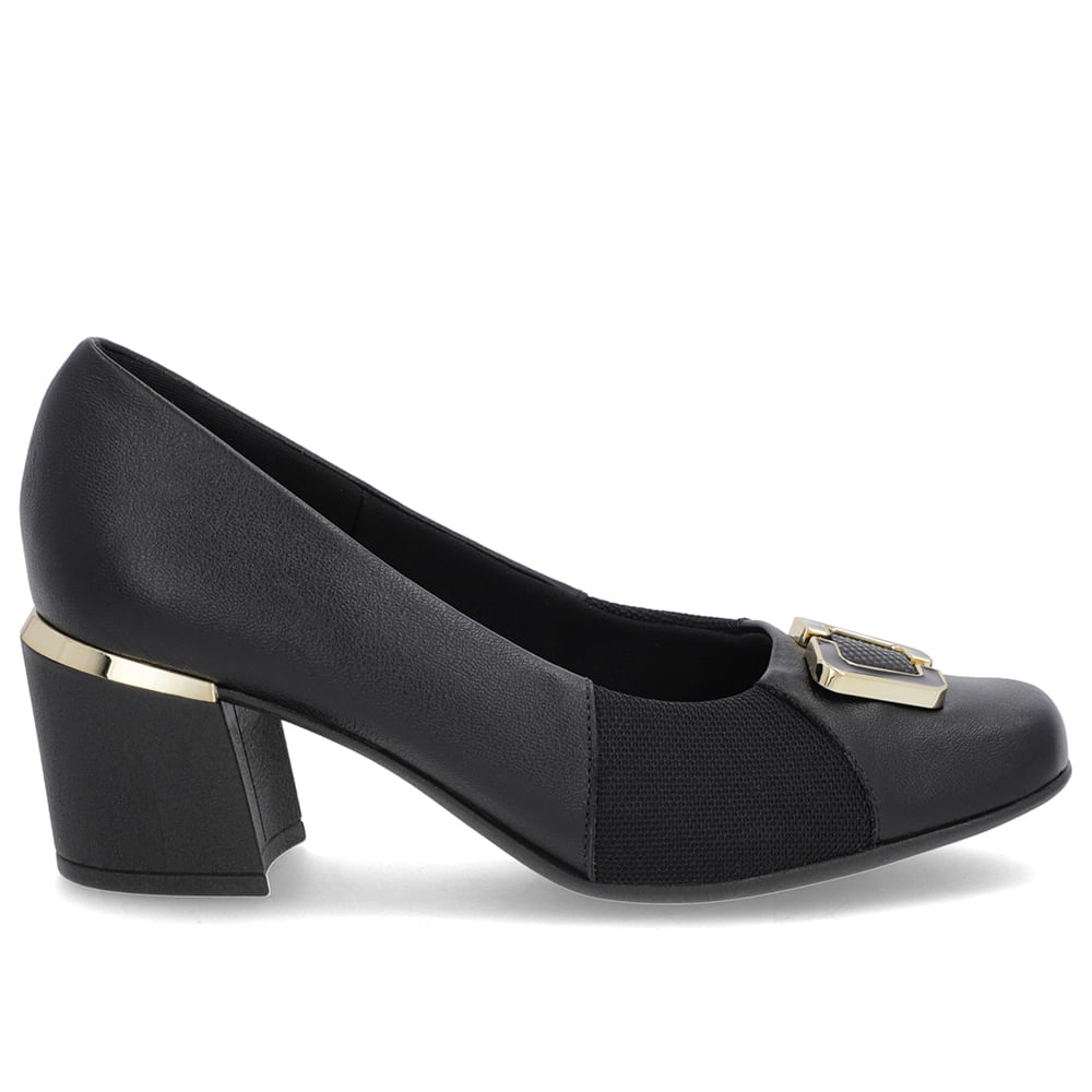 Scarpin Preto Couro Detalhe Tecido