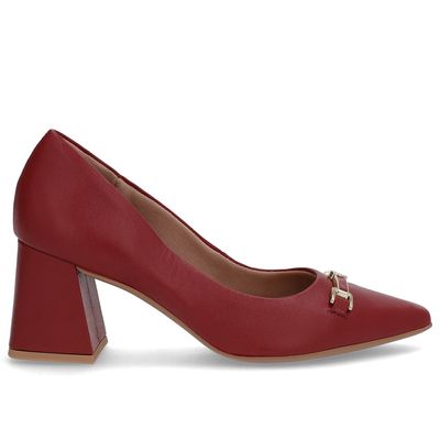 Scarpin Vermelho Couro Bico Fino Detalhe Geométrico