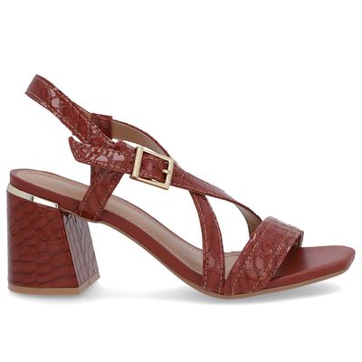 Sandália Salto Quadrado Couro Croco Marrom Fivela