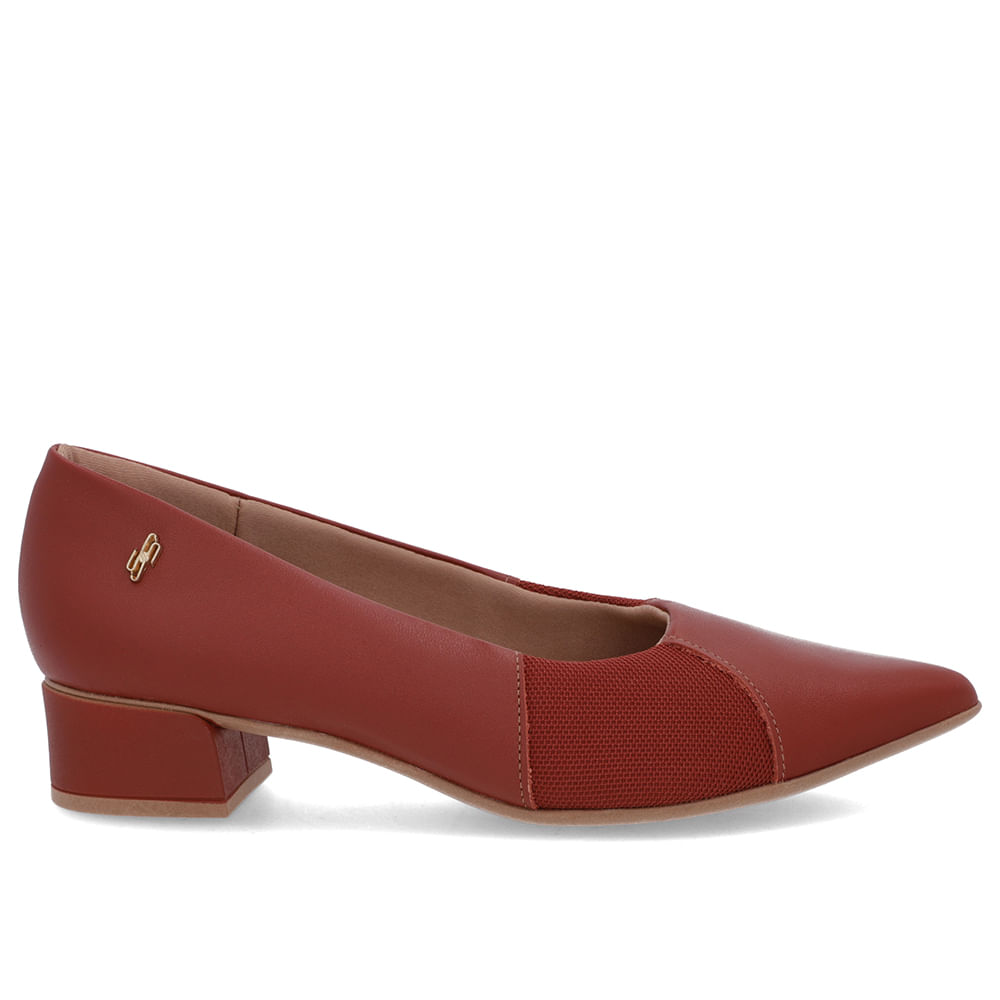 Scarpin Marrom Couro Bico Fino Lateral Tecido