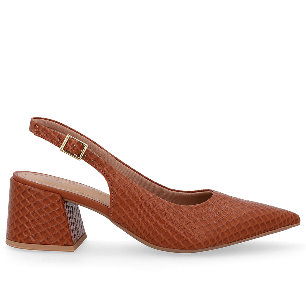 Slingback Marrom Bico Fino Couro Detalhe Fivela