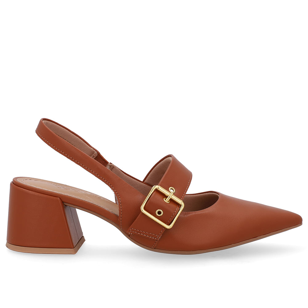 Slingback Marrom Salto Bloco Couro Detalhe Fivela