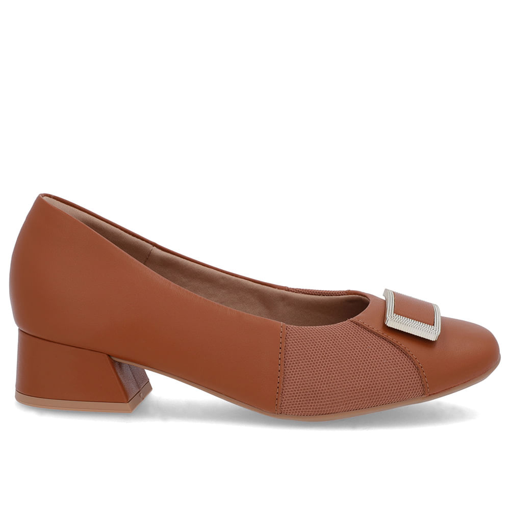 Scarpin Marrom Salto Bloco Couro Lateral Tecido