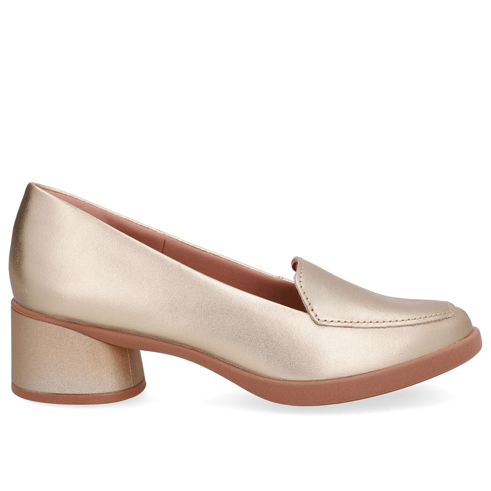 Loafer Liso Dourado Couro Salto Bloco