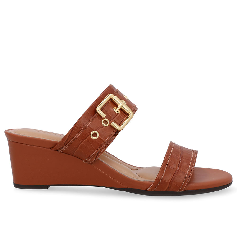 Tamanco Salto Anabela Couro Croco Marrom Fivela