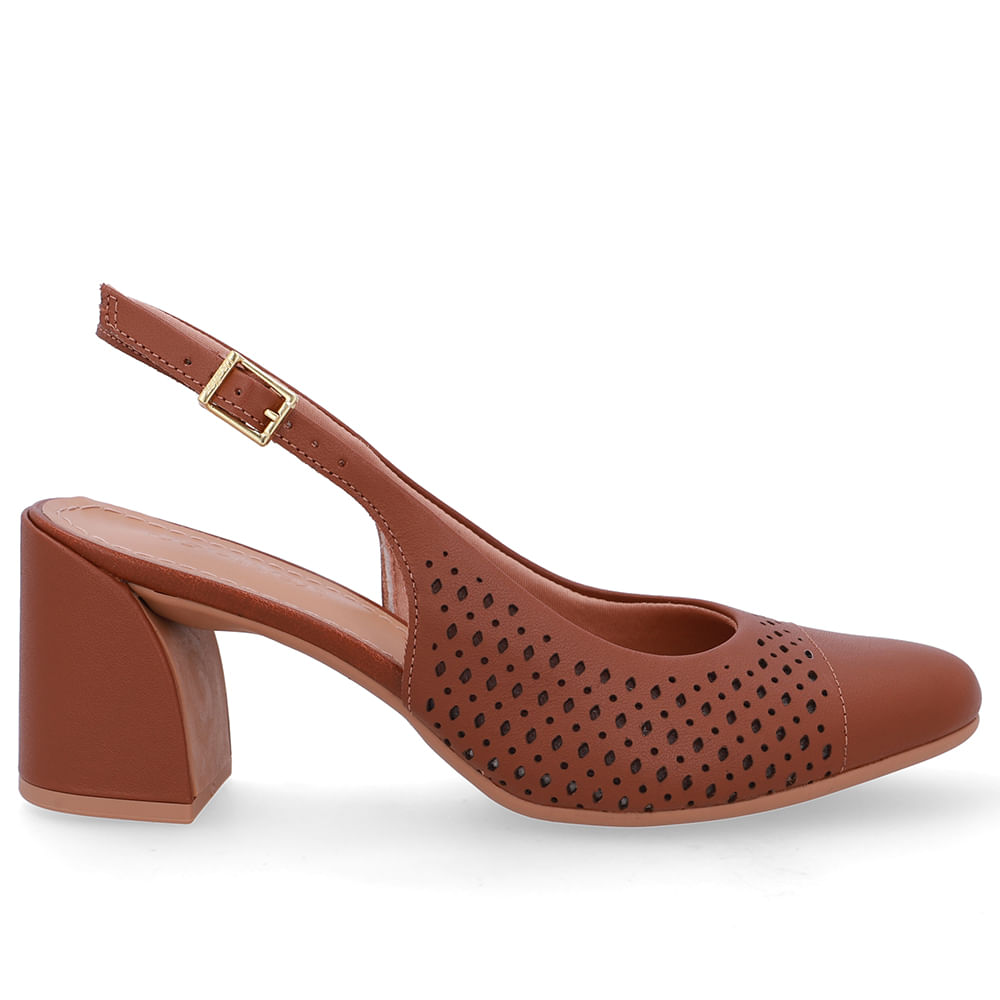 Slingback Marrom Bico Redondo Couro Laser
