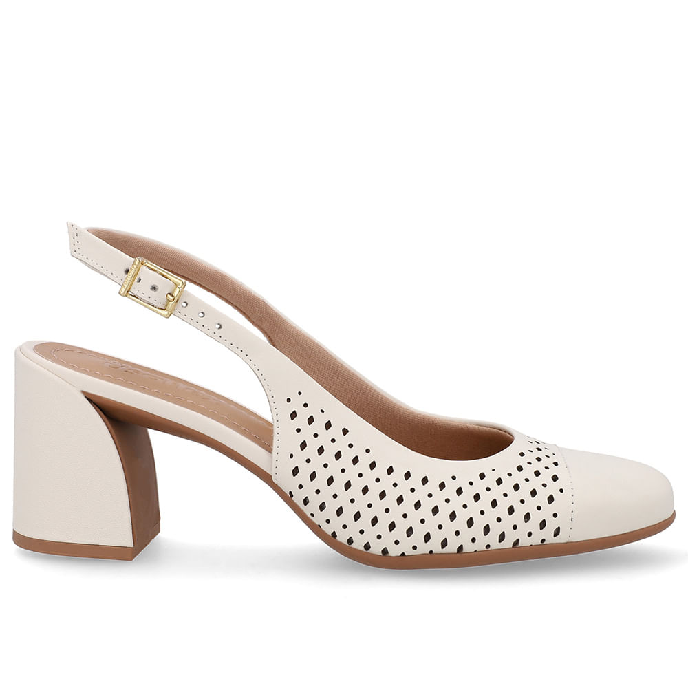 Slingback Branco Marfim Bico Redondo Couro Laser