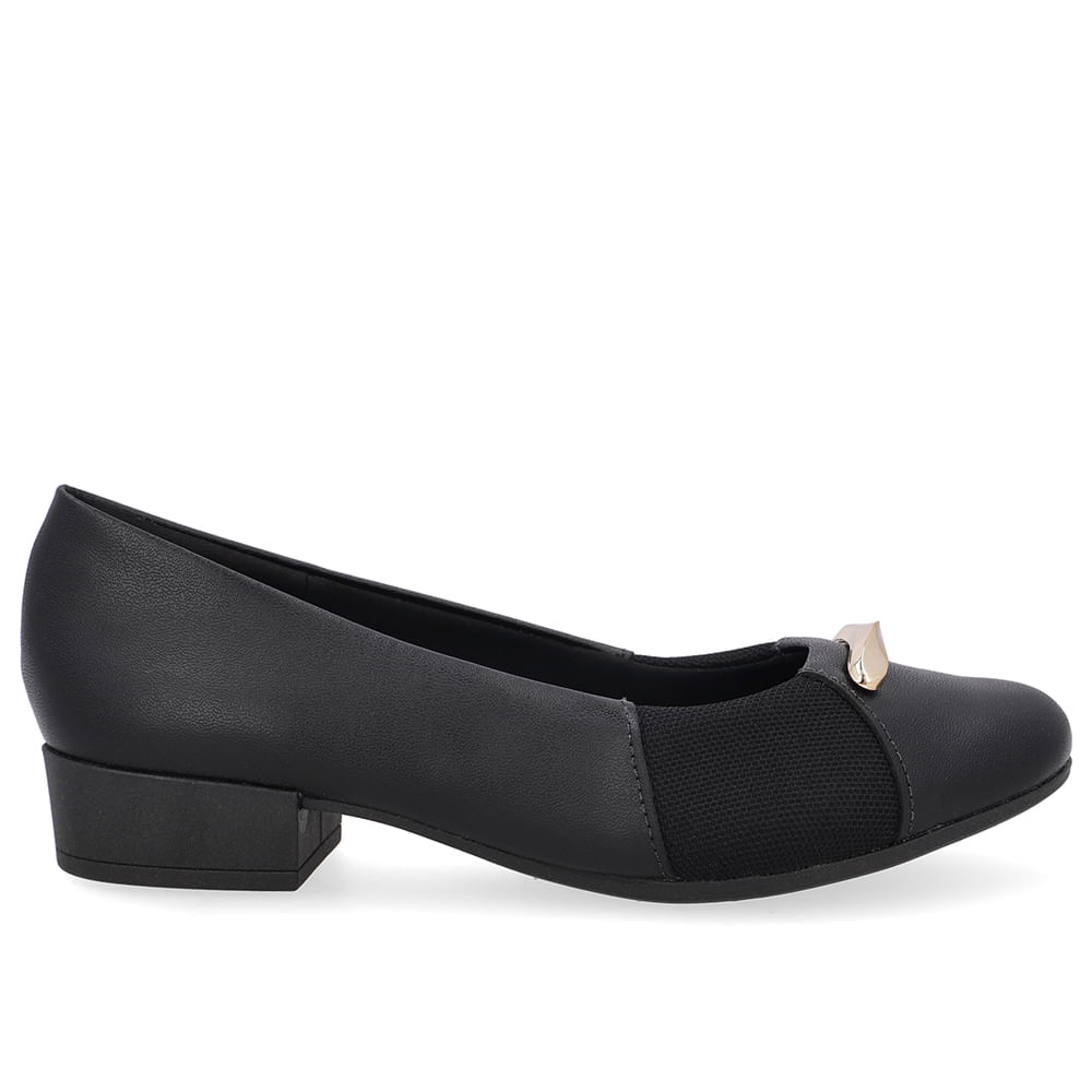 Scarpin Couro Preto Lateral Tecido