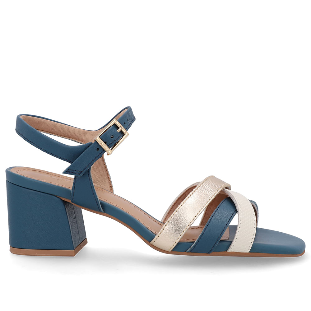 Sandália Couro Bico Quadrado Tiras Azul