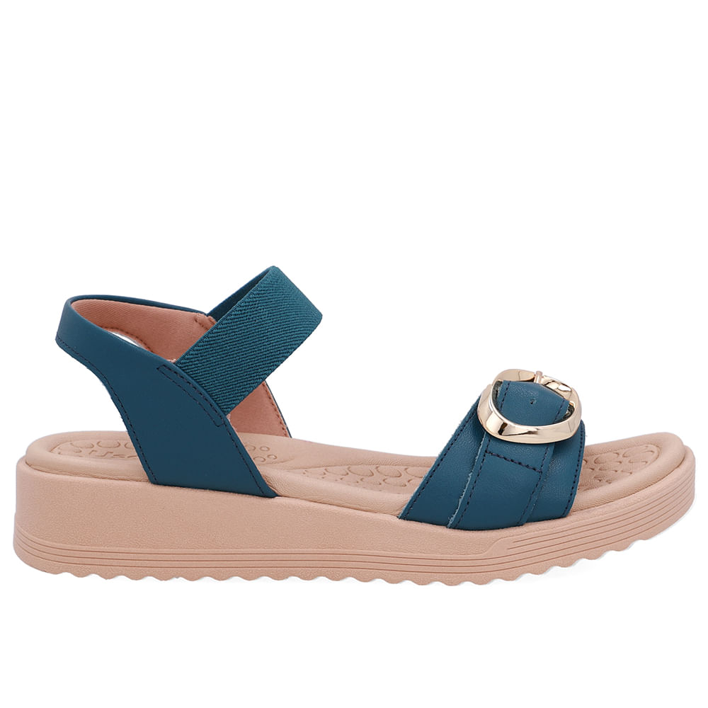 Sandália Salto Anabela Fivela Couro Azul