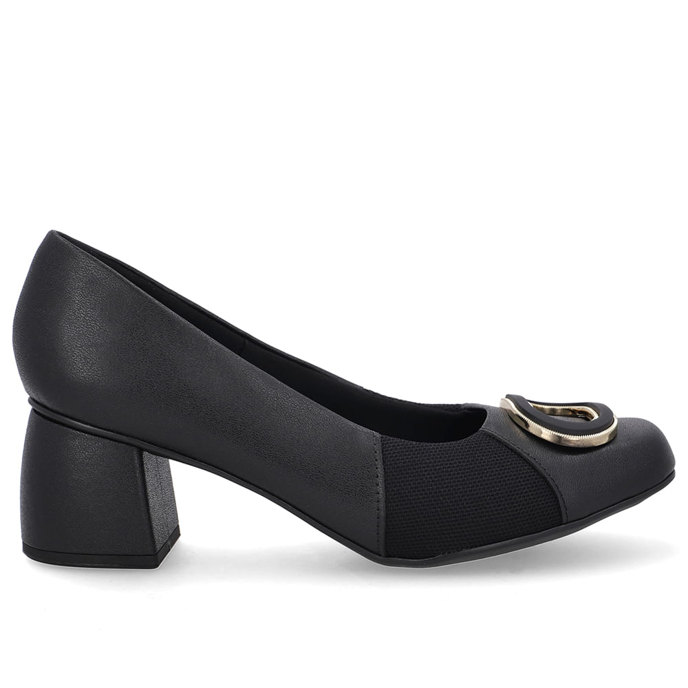 Scarpin Preto Bico Quadrado Couro Lateral Tecido