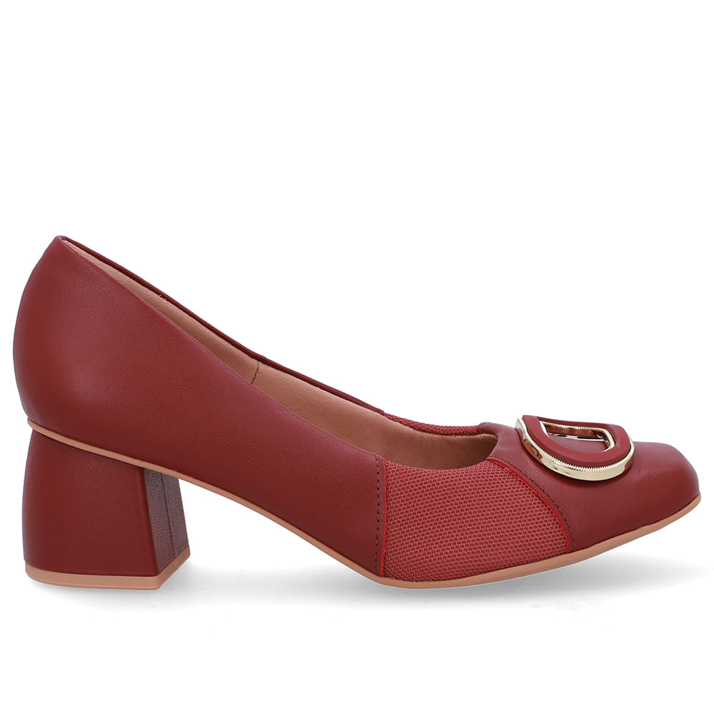 Scarpin Vermelho Bico Quadrado Couro Lateral Tecido