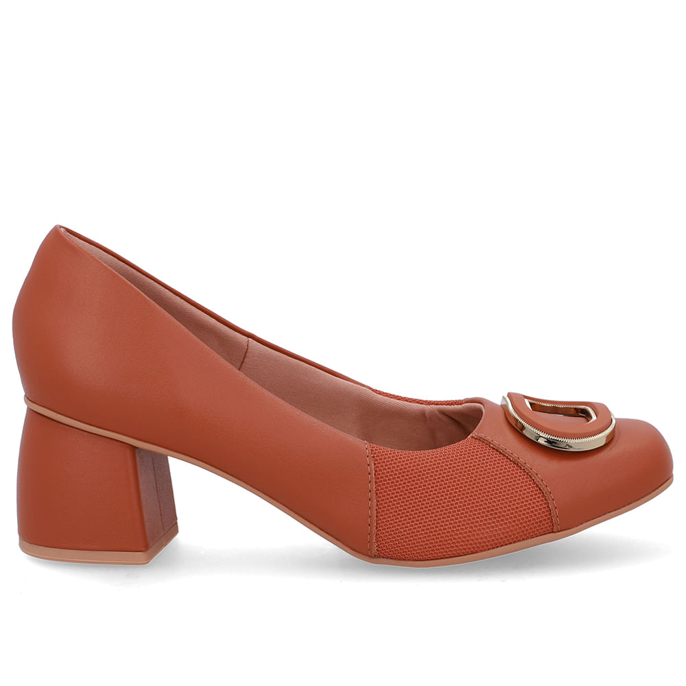Scarpin Marrom Bico Quadrado Couro Lateral Tecido